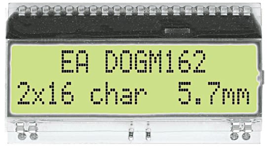 Display Visions EA DOGM162E-A Alphanumeric LCD Display, Yellow-Green on Black, 2 Rows by 16 Characters, Transmissive