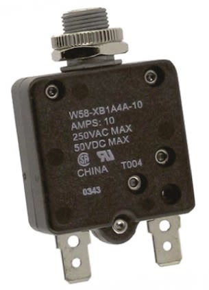 TE Connectivity W58 Single Pole Thermal Circuit Breaker - 50 V dc, 250V ac Voltage Rating, 10A Current Rating