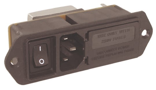 TE Connectivity C14 IEC Filter Stecker mit 2-Pol Schalter, 250 V ac / 5A, Tafelmontage / Kabelschuh-Anschluss