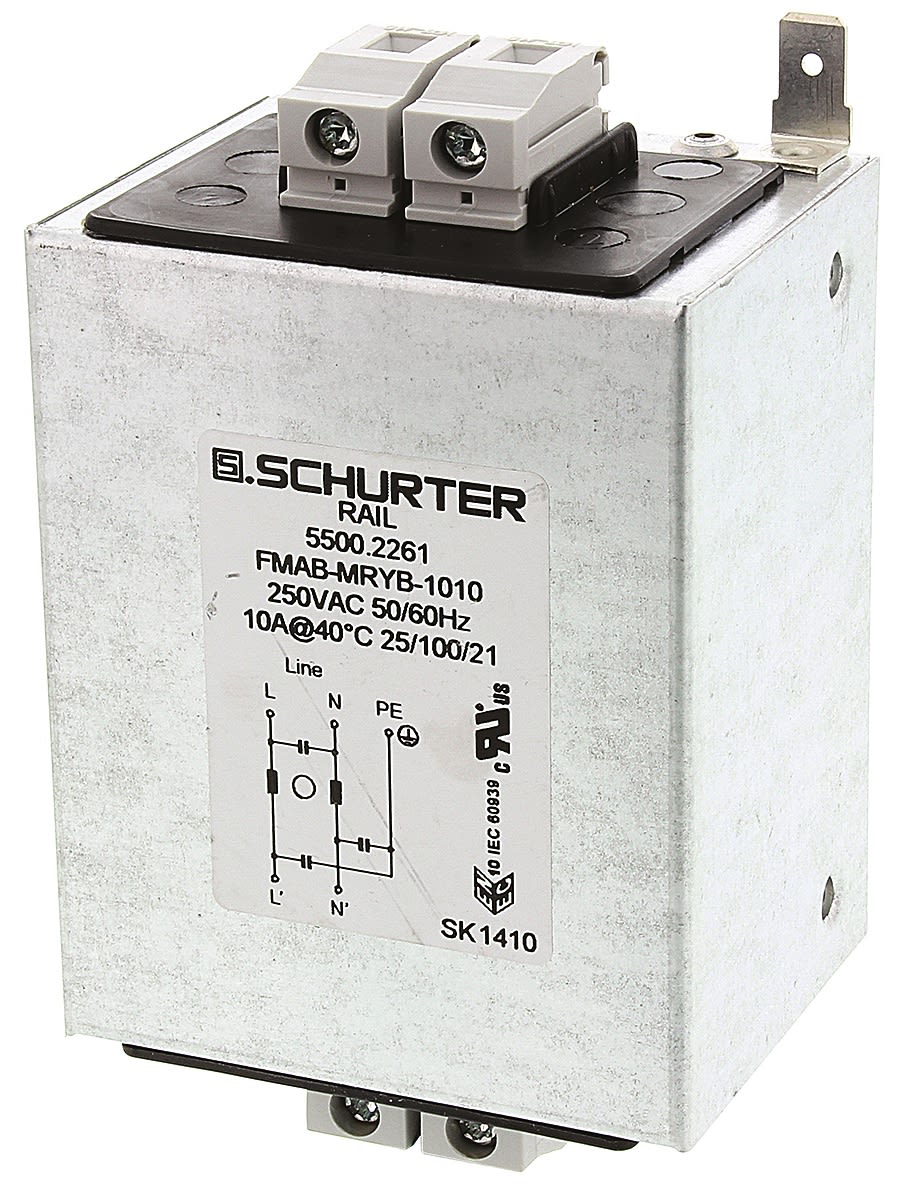 Filtr RFI, řada: FMAB RAIL, 22nF, 250 V AC, 50 → 60Hz, Lišta DIN 1 x 2 mH, Šroub, 10A, 2,1 mA, Schurter, Single