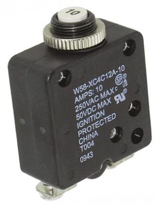 TE Connectivity W58  Single Pole Thermal Circuit Breaker - 50 V dc, 250V ac Voltage Rating, 10A Current Rating
