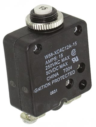 TE Connectivity W58 Single Pole Thermal Circuit Breaker - 50 V dc, 250V ac Voltage Rating, 15A Current Rating