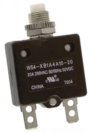 TE Connectivity W54  Single Pole Thermal Circuit Breaker - 250V ac Voltage Rating, 20A Current Rating
