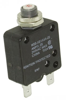 TE Connectivity W58  Single Pole Thermal Circuit Breaker - 50 V dc, 250V ac Voltage Rating, 25A Current Rating
