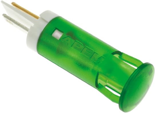 Lampka kontrolna do montażu panelowego 220V ac, zielona 10mm LED Zielony Faston, oczko lutownicze APEM