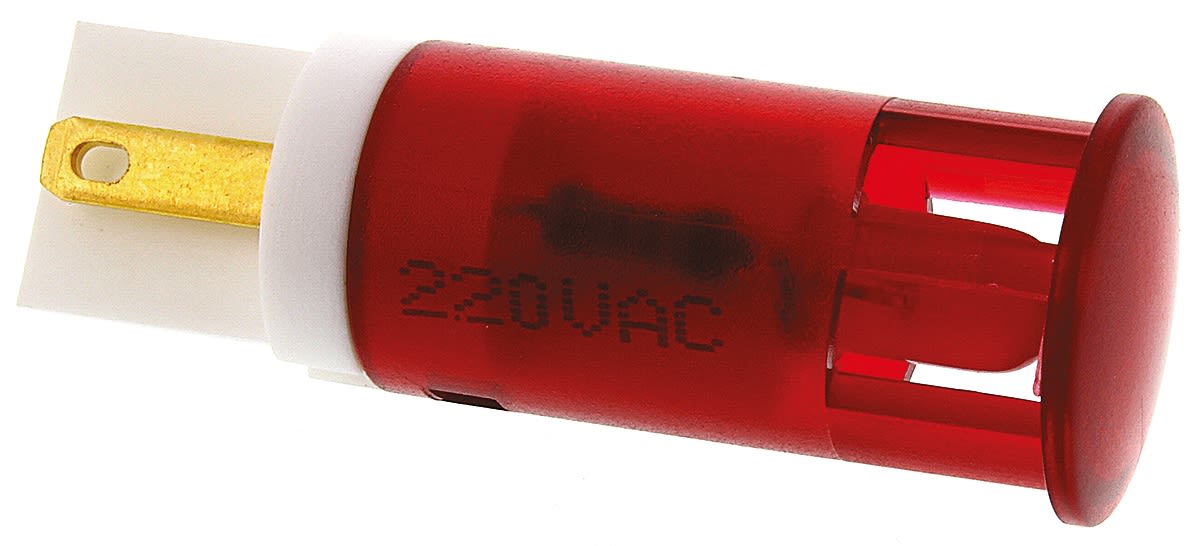 Lampka kontrolna do montażu panelowego 220V ac, czerwona 12mm LED Czerwony Faston, oczko lutownicze APEM
