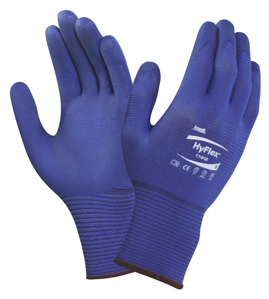 Ansell HyFlex 11-818 Blue General Purpose Work Gloves, Size 9, Large, Nylon Lining, Nitrile Coating