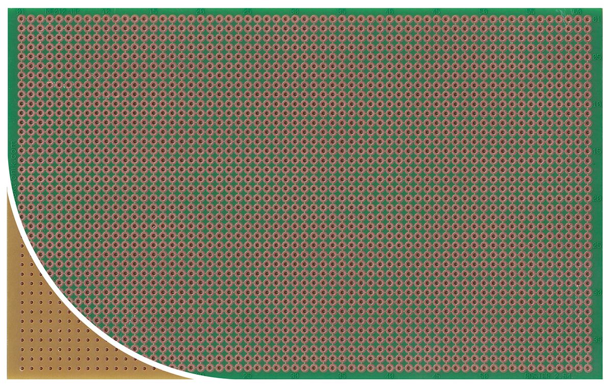 RE212-HP, Single Sided Eurocard PCB FR2 With 38 x 61 1mm Holes, 2.54 x 2.54mm Pitch, 160.15 x 100.2 x 1.5mm