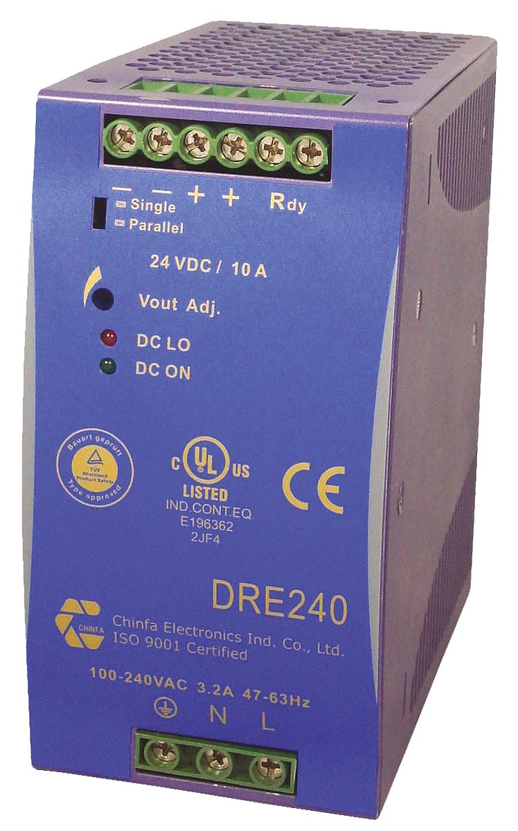 Chinfa DRE DIN Rail Power Supply 230V ac Input, 24V dc Output, 10A 240W