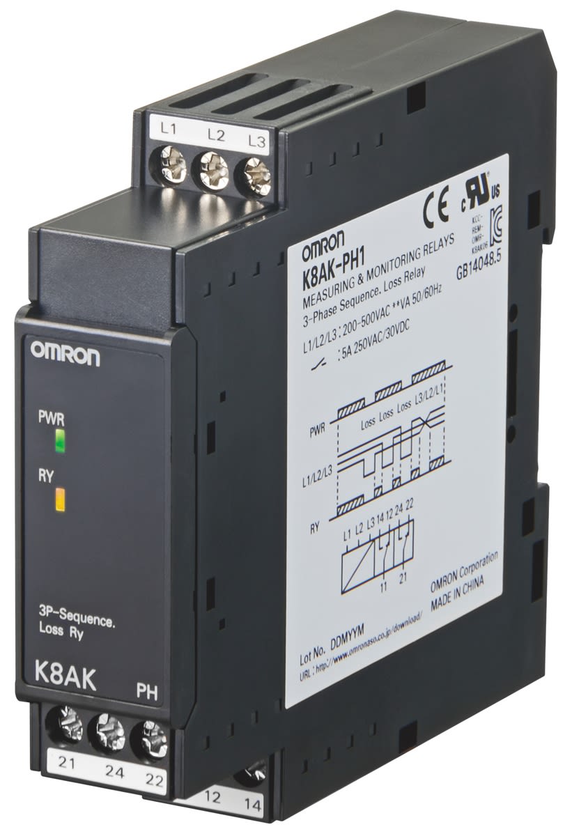 K8AKPH1200500VAC Omron DIN Rail Phase Monitoring Relay, 3 Phase, DPDT