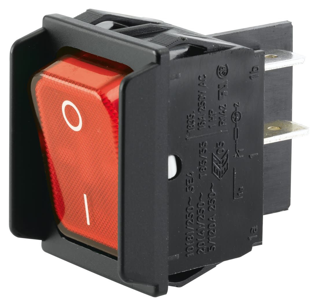 Billenőkapcsoló IP40 megvilágított Vörös Kétpólusú egy áramkörös (DPST), Be-nincs-ki, 16 A, +85°C -20°C 29.5mm 27.2mm