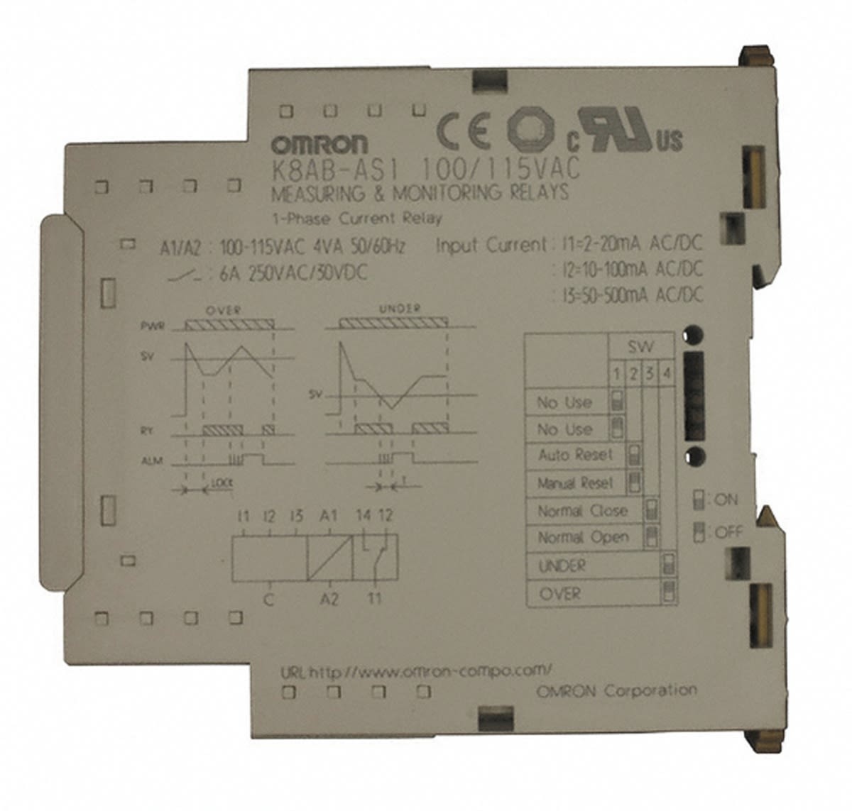 K8ABAS1 100/115VAC Omron Current Monitoring Relay, 10 → 100A, SPDT RS