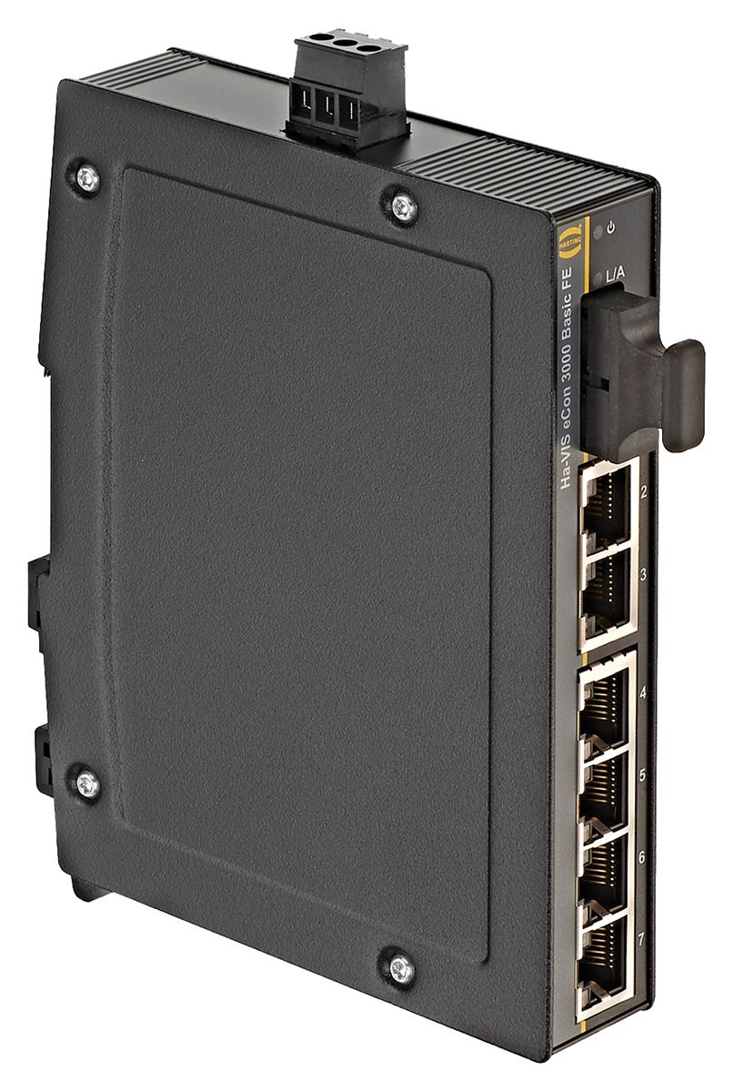 HartingHa-VIS eCon 3000 Series DIN Rail Mount Unmanaged Ethernet Switch, 6 RJ45 Ports, 10/100Mbit/s Transmission, 24V dc