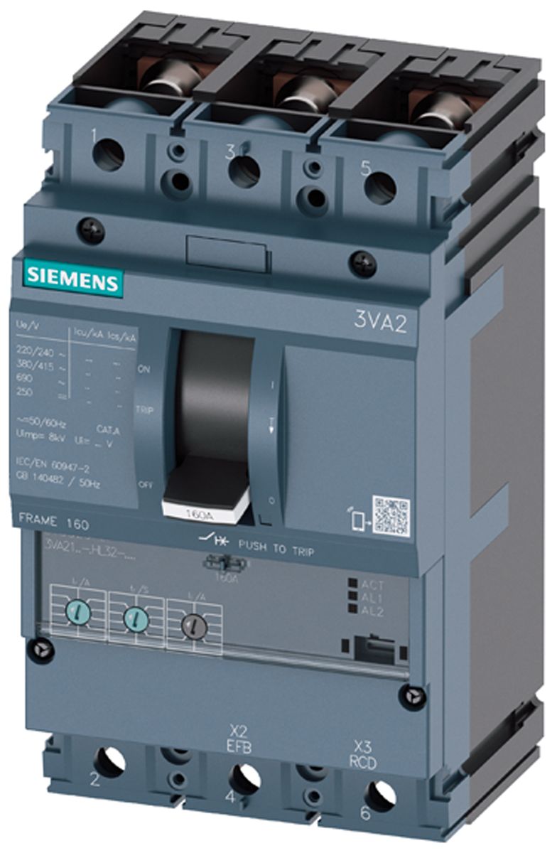 Siemens Sentron Maksimalafbryder - MCCB, antal poler: 3, 160A, brydeevne: 55 kA, Fast montering