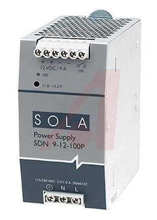 Sola SDN-P DIN Rail Power Supply 85 → 132V ac Input, 12V dc Output, 9A 108W