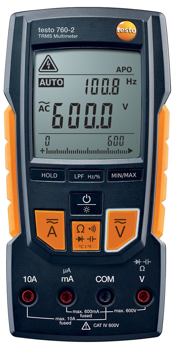 Multímetro Testo 760-2, calibrado UKAS, 600V ac/600V dc, 10A ac/10A dc, TRMS, CAT III, CAT IV