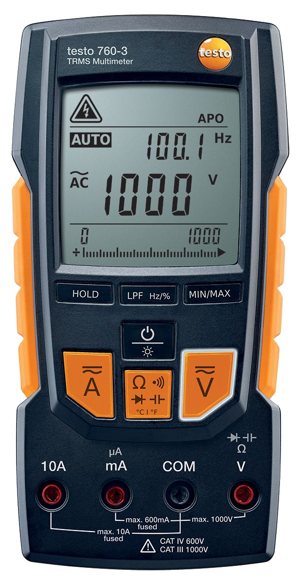 Testo 760-3 Handheld Digital Multimeter, True RMS, 10A ac Max, 10A dc Max, 1000V ac Max - UKAS Calibration