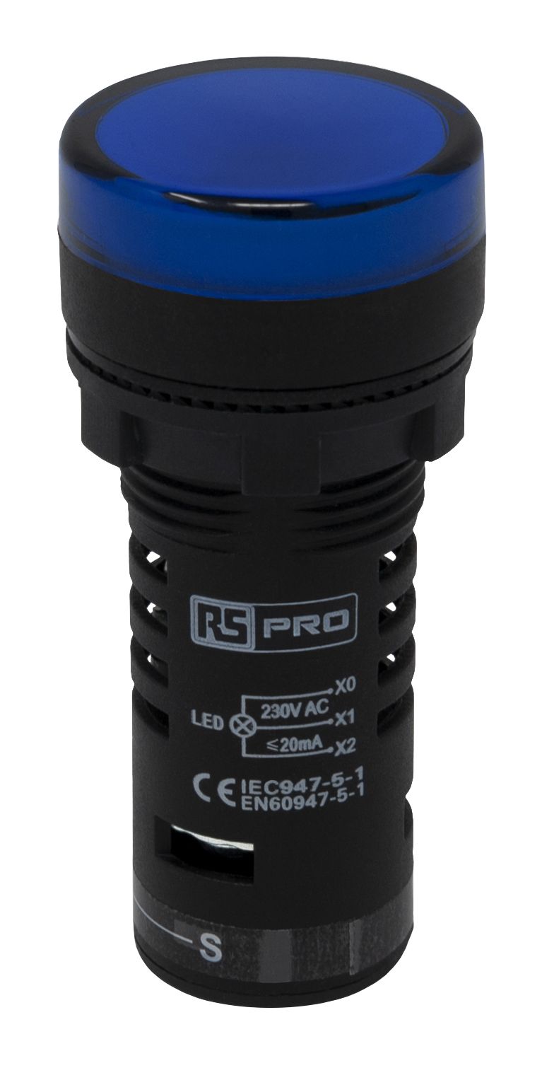 RS PRO Meldeleuchte, vollständig 230V ac Blau, Ausschnitt-Ø 22mm LED Frontplattenmontage IP 65 Schraub
