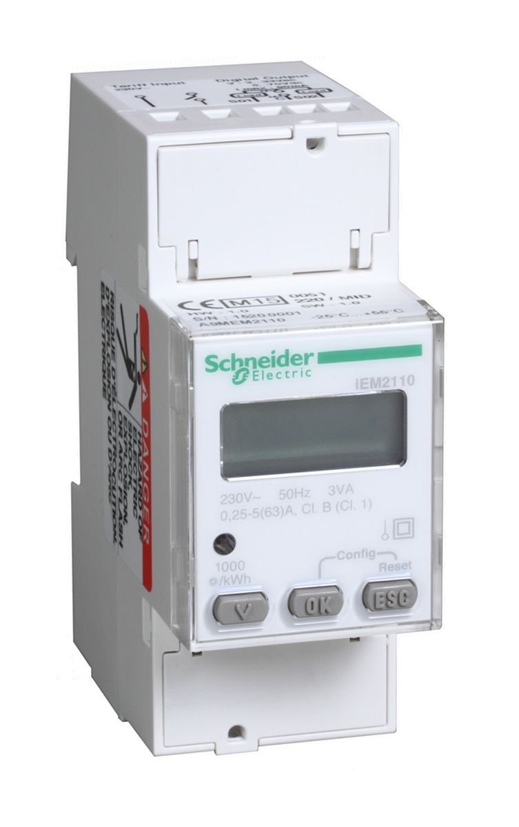 Schneider Electric Acti 9 iEM2000 Energiemessgerät LCD, 8-stellig / 1-phasig, 0 → 999999.99 kWh, 45 → 65