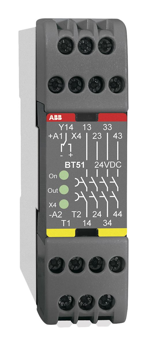 ABB BT51 Series Single-Channel Emergency Stop, Safety Switch/Interlock Safety Relay, 24V dc, 4 Safety Contact(s)