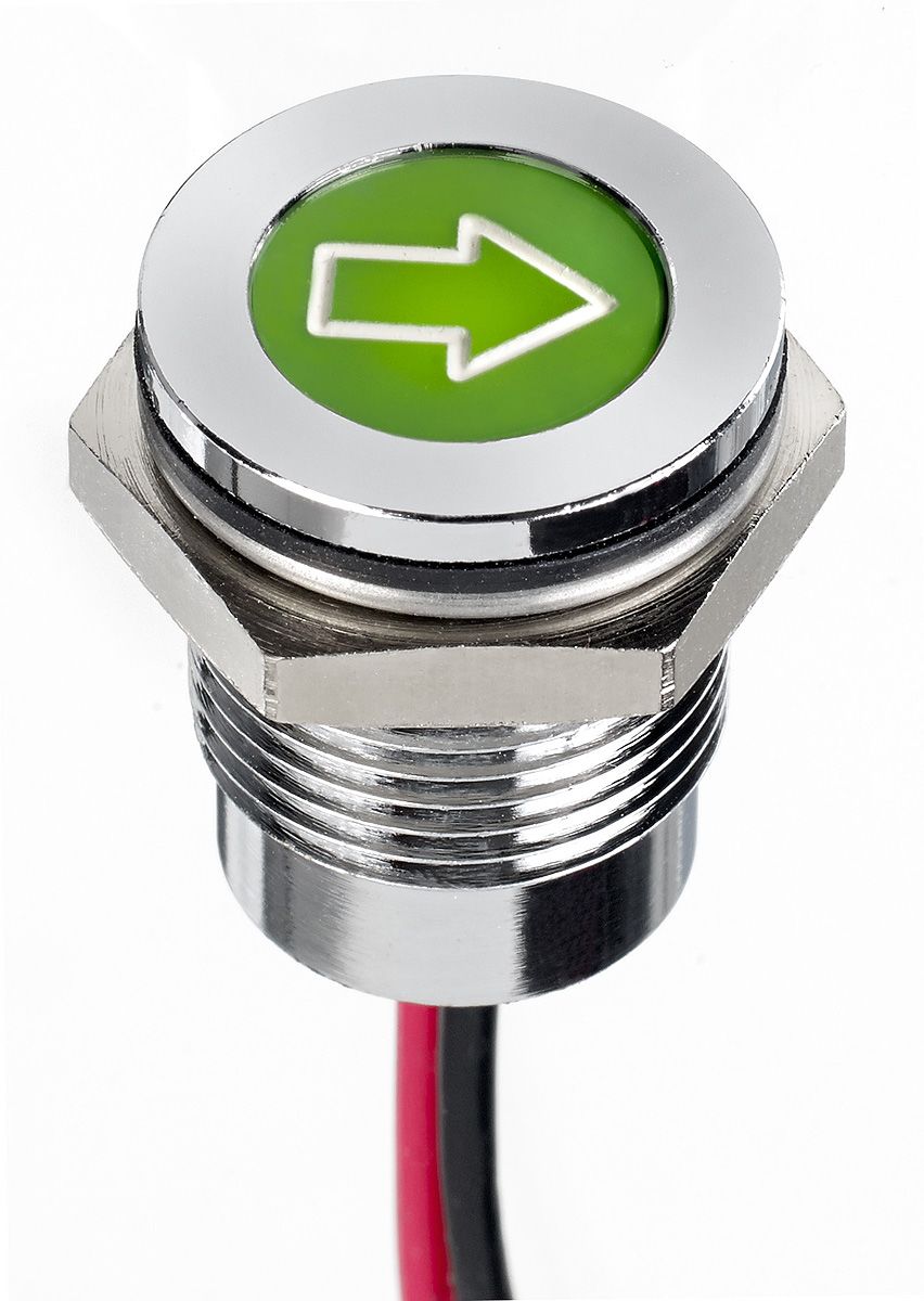 Indikátor pro montáž do panelu 14mm Zapuštěné barva Zelená, typ žárovky: LED Olověné dráty, 12V dc APEM