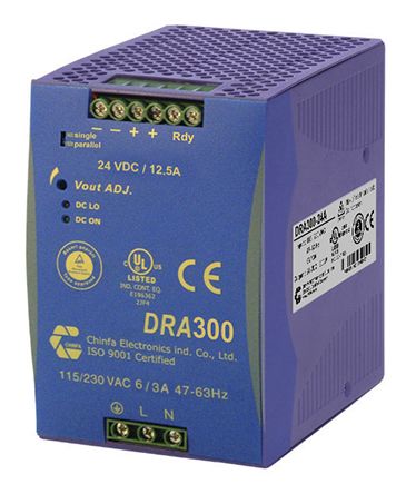 Chinfa DRA300 DIN Rail Power Supply 90 → 264V ac Input, 24V dc Output, 12.5A 300W