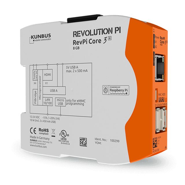 Kunbus RevPi Core 3+, Industrial Computer, 10W, 1.2 GHz Quad-Core, BCM2837 1.2 GHz, 1 GB (RAM), 8 GB (Flash), 4 Linux