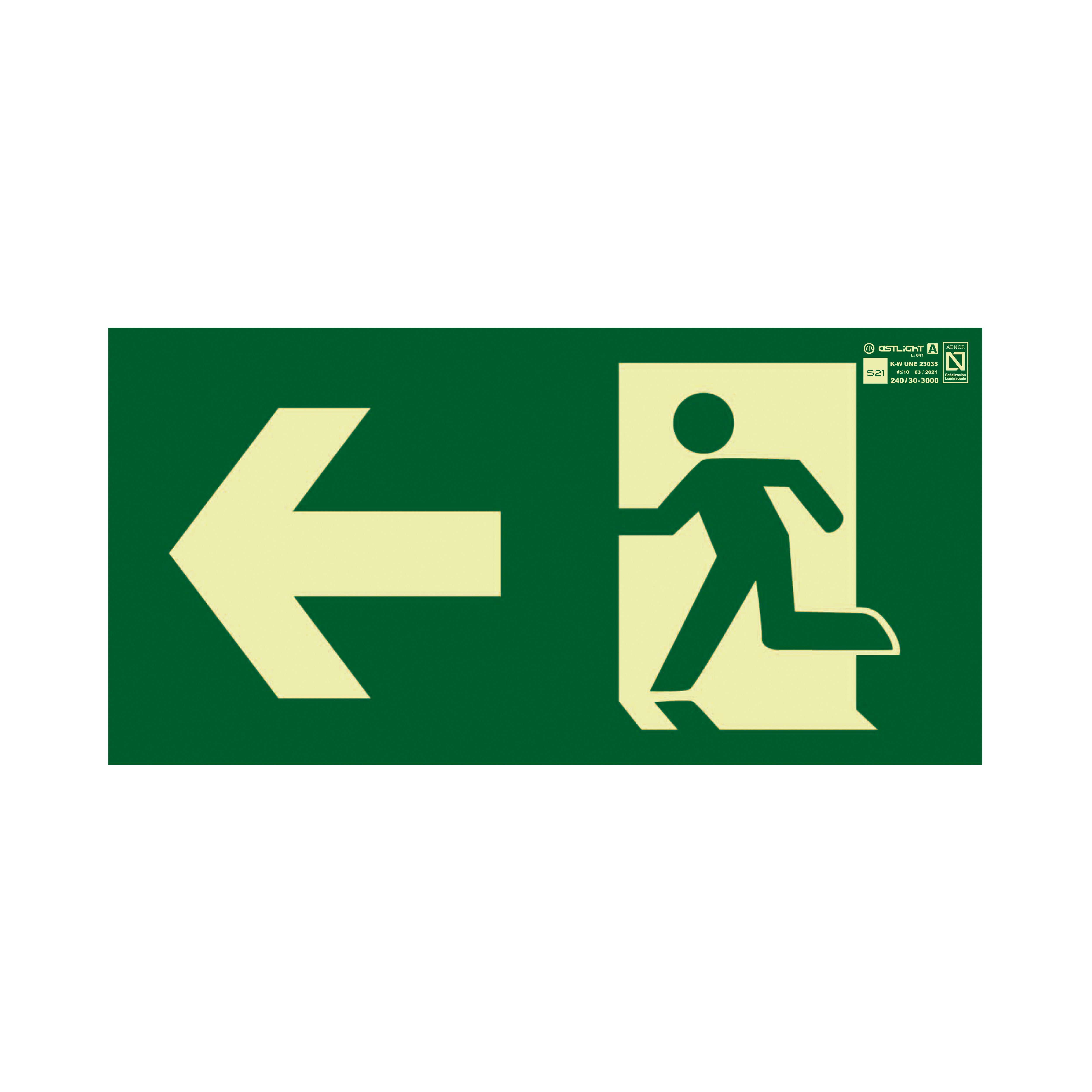 Señal de salida de emergencia con flecha hacia la izquierda Astlight, idioma: Español, texto: Evacuacion Izquierda