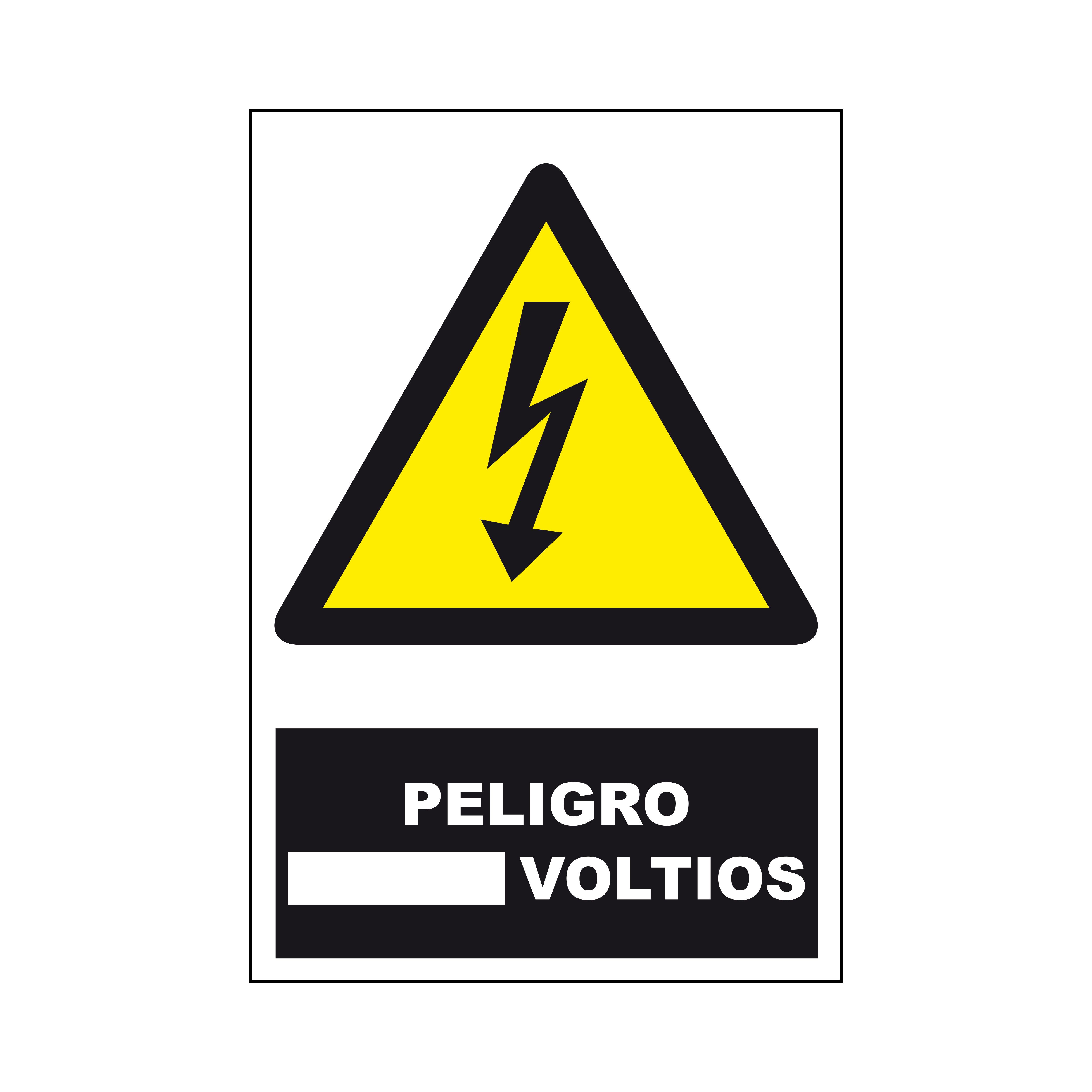 Etiqueta de advertencia y de peligro con pictograma: Danger High Voltage, texto en: Español "Peligro Voltios", 125mm x