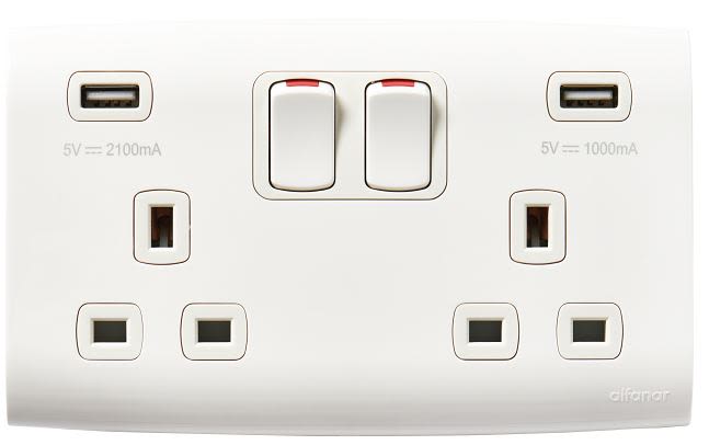 Conector hembra USB Schuko Contactum, Blanco, 2 Módulos, con interruptor Interior, 13A