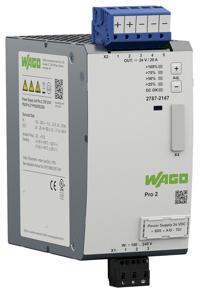 Wago 2787 DIN Rail Power Supply 90 → 264 V ac, 130 → 240 V dc Input, 24V dc Output, 20A 480W