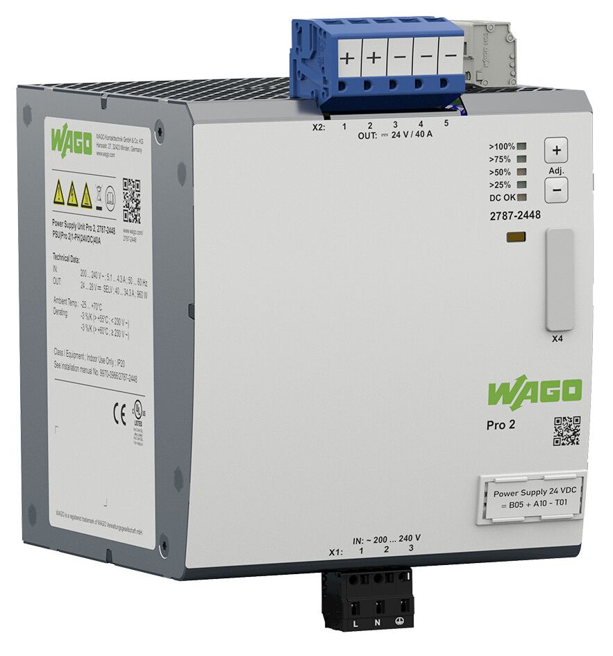 Wago 2787 DIN Rail Power Supply 130 → 240 V dc, 180 → 264 V ac Input, 24V dc Output, 40A 960W
