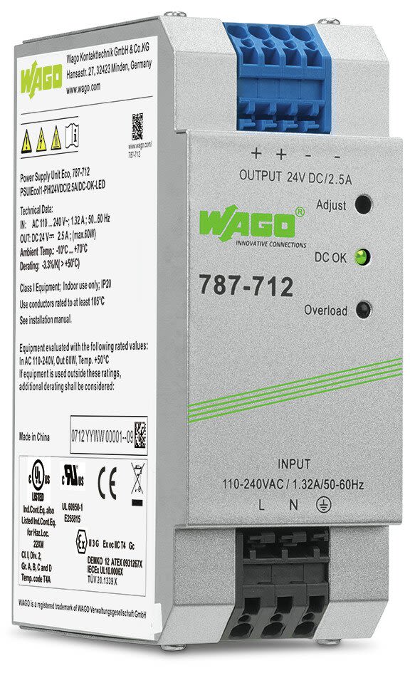 Wago Power Supply, 24V dc, 2.5A, 60W