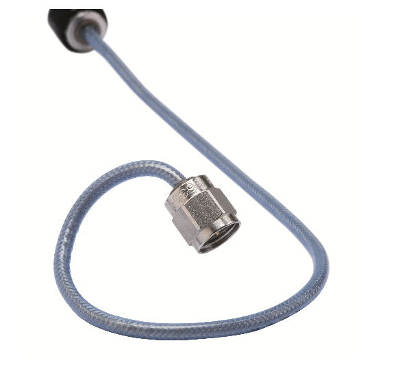Huber+Suhner Steel Braid Blue Twinaxial Cable, 2.5mm OD 8in, Minibend series, 50 Ω impedance