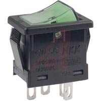 NKK Switches Switch, Rocker; SPST; 9 A @ 125 VAC/6 A @ 250 VAC; 120/250; On-None-Off; Green