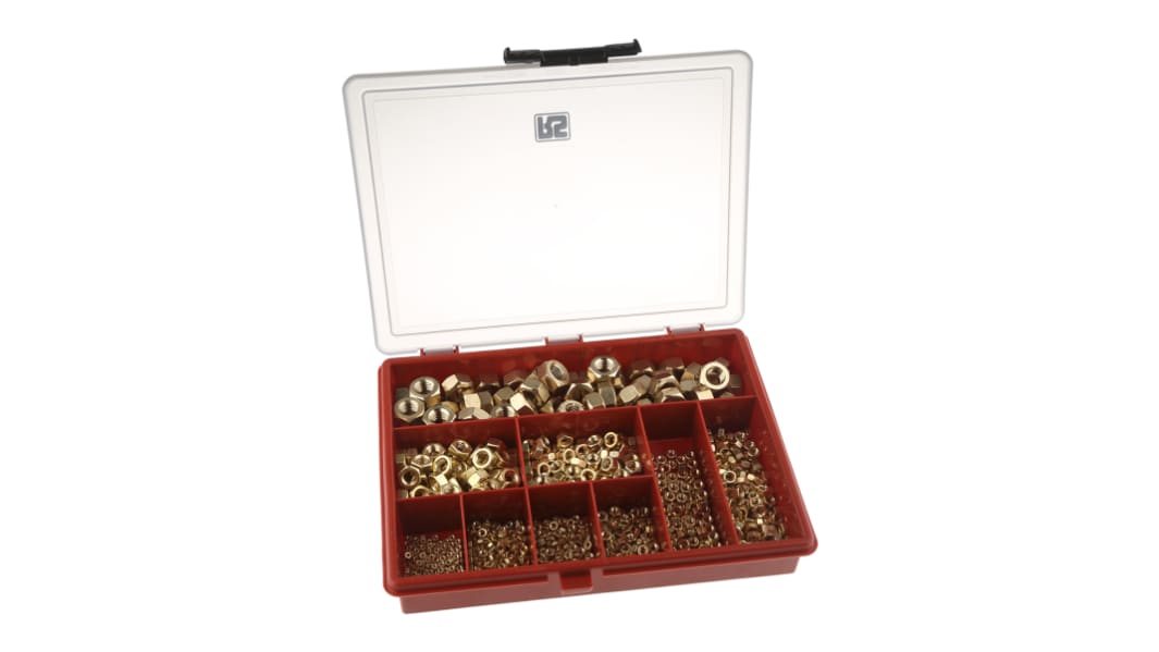 RS PRO Brass Hex Full Nuts Box, 1070 Pieces