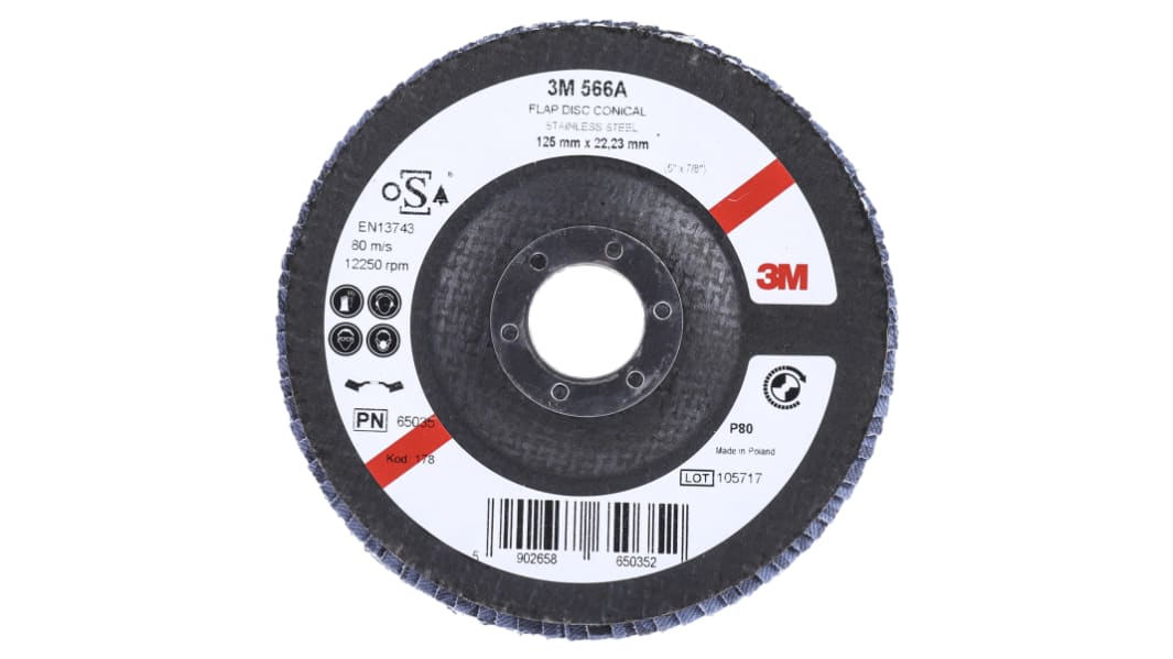 3M 566A Zirconia Aluminium Flap Disc, 125mm, Medium Grade, P80 Grit, 1 in pack