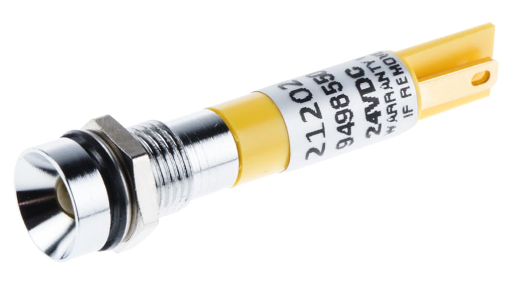 RS PRO Gul Lysdiode Panelmonteret kontrollampe 8mm hulstr., Forsænket, Loddeflig, Krom frontramme IP67