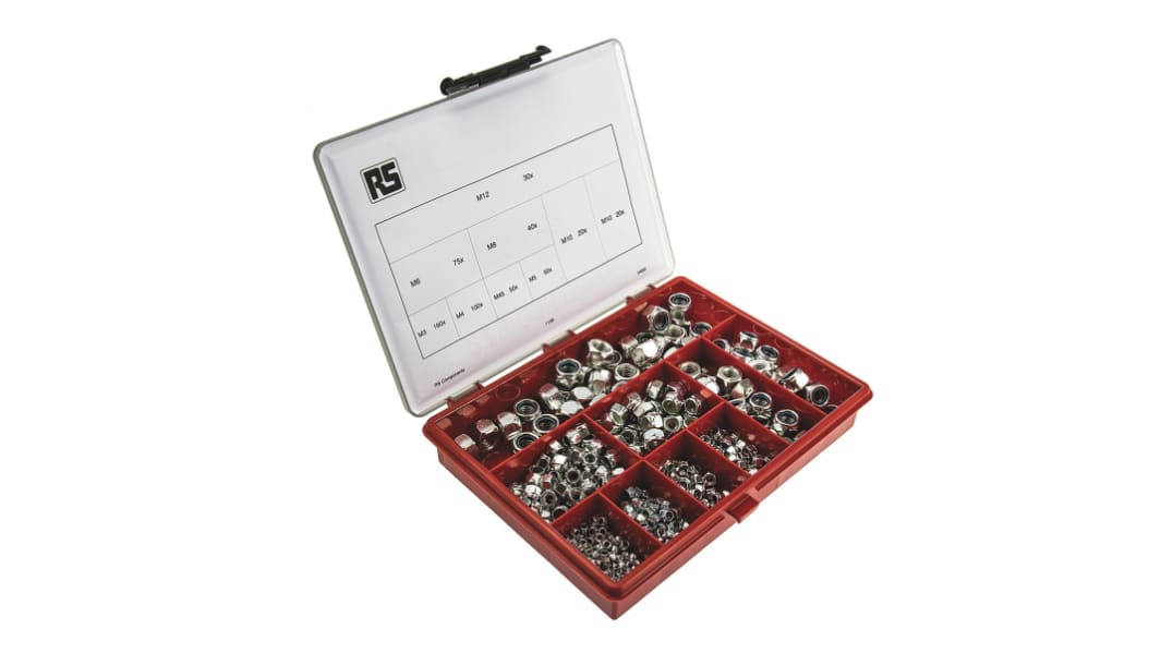 Caja de tuercas RS PRO, 495 piezas, Tuerca Autoblocante, Acero
