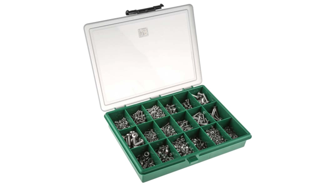 Kit viti e bulloni in Acciaio inox Liscio RS PRO, guida a Pozidriv, 1905 pezzi, filettatura M3, M4, M5, M6, lunghezza