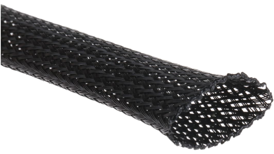 RS PRO Expandable Braided PET Black Cable Sleeve, 25mm Diameter, 10m Length