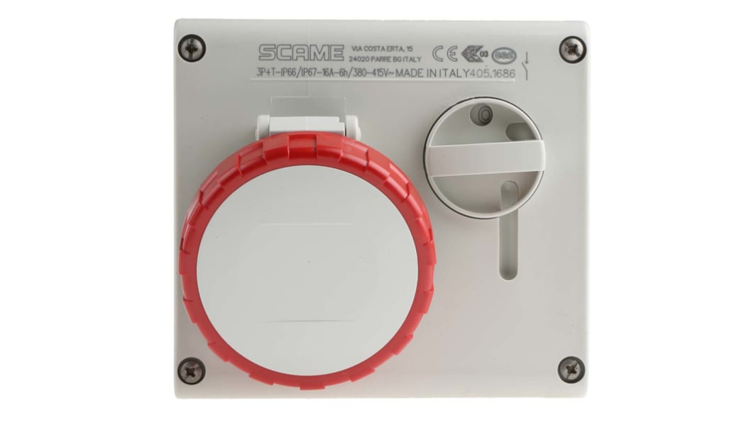Connecteur Industriel Femelle 3P+E commutable Rouge IP66, IP67,415 V,16A Angle droit