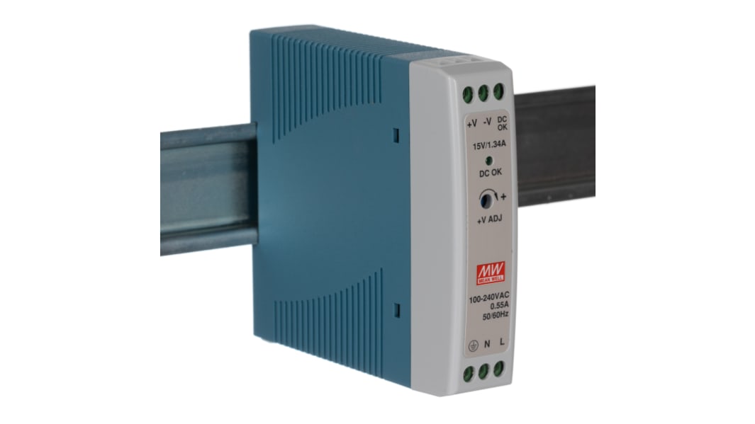 MEAN WELL MDR Switched Mode DIN Rail Power Supply, 85 → 264V ac ac Input, 15V dc dc Output, 1.34A Output, 20W