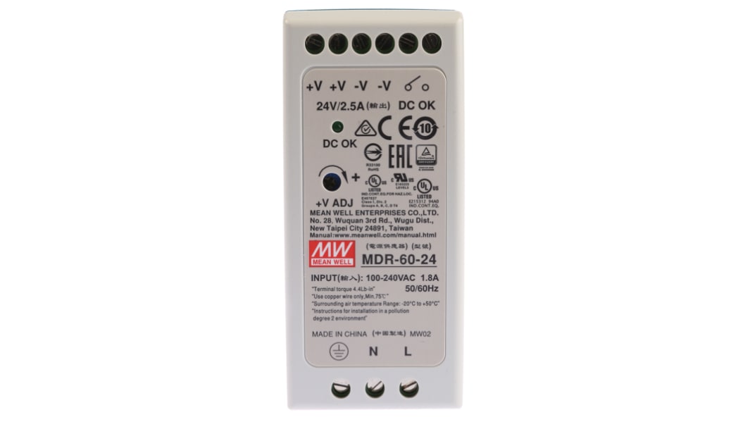 MEAN WELL MDR Switched Mode DIN Rail Power Supply, 85 → 264V ac ac Input, 24V dc dc Output, 2.5A Output, 60W