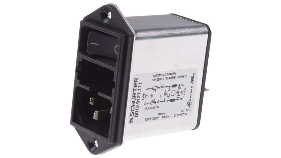 Filtro IEC Schurter con conector C14, 250 Vac, 10A, con 2 fusibles de 5 x 20mm, con interrruptor de 2 Polos