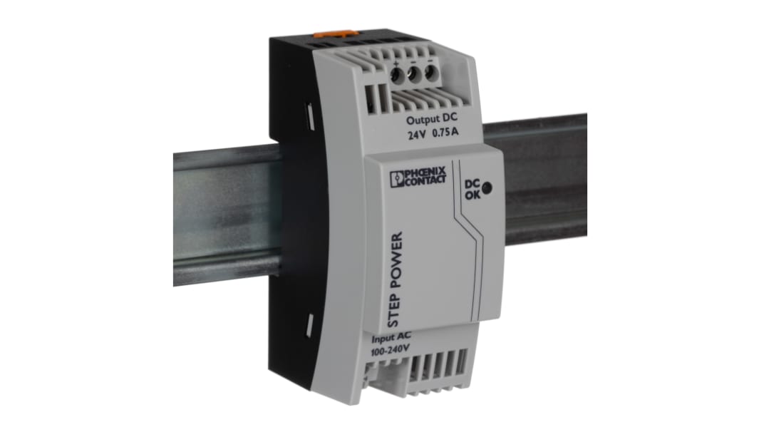 Phoenix Contact STEP POWER Switched Mode DIN Rail Power Supply, 85 → 264V ac ac Input, 24V dc dc Output, 750mA