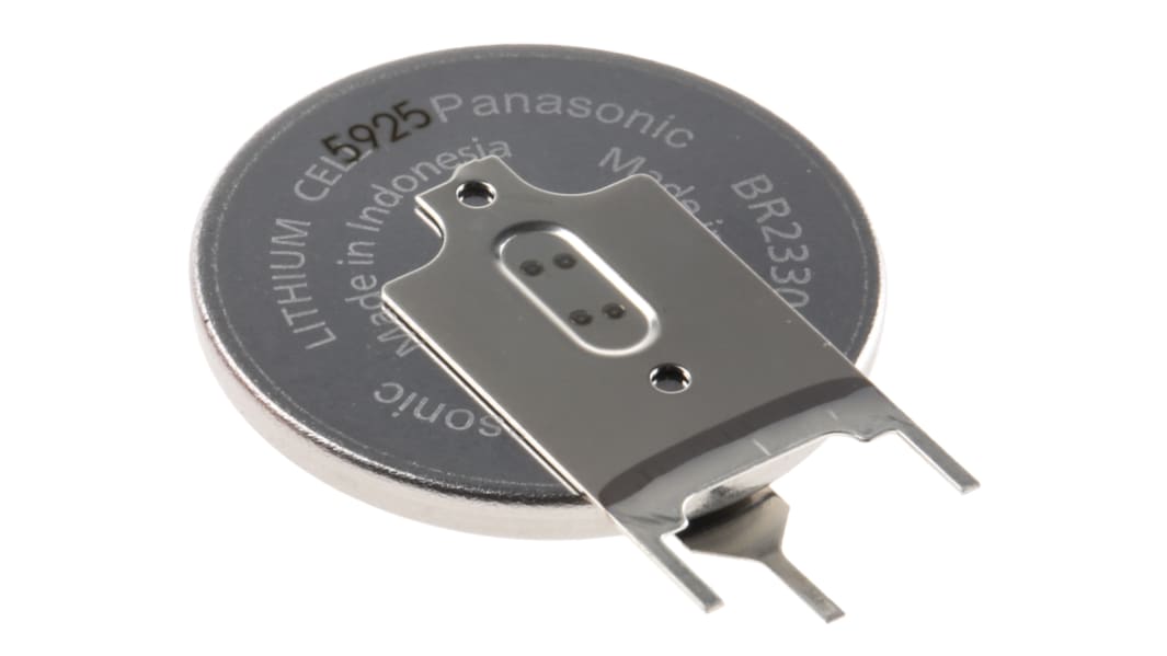 Batteria a bottone Panasonic BR2330, Litio polifloruro di carbonio, 3V, 225mAh, terminale Pin PCB