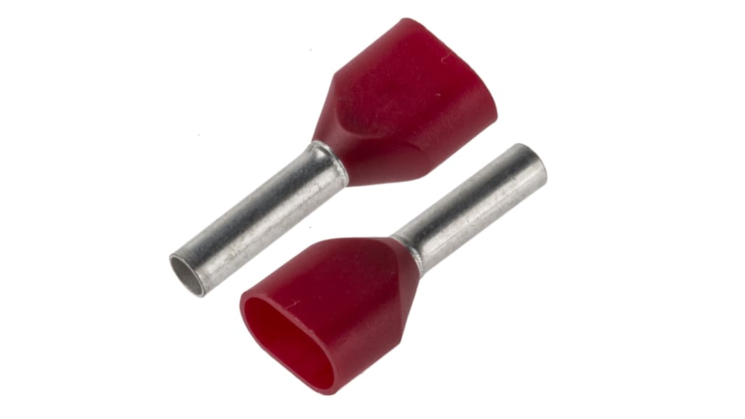 JST, TWE Insulated Crimp Bootlace Ferrule, 8mm Pin Length, 2.3mm Pin Diameter, 2 x 1mm² Wire Size, Red
