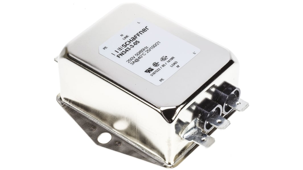 Schaffner FN 343 Series 3A 250 V ac 400Hz Chassis Mount RFI Filter, with Tab Terminals