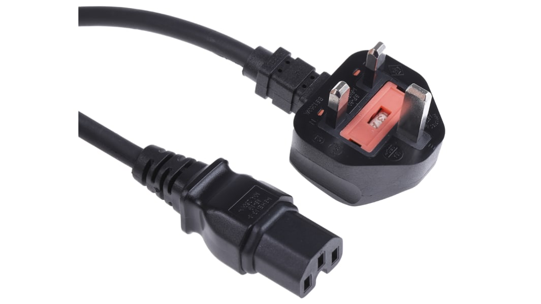 RS PRO Straight IEC C15 Socket to Right Angle Type G UK Plug Power Cord, 2m